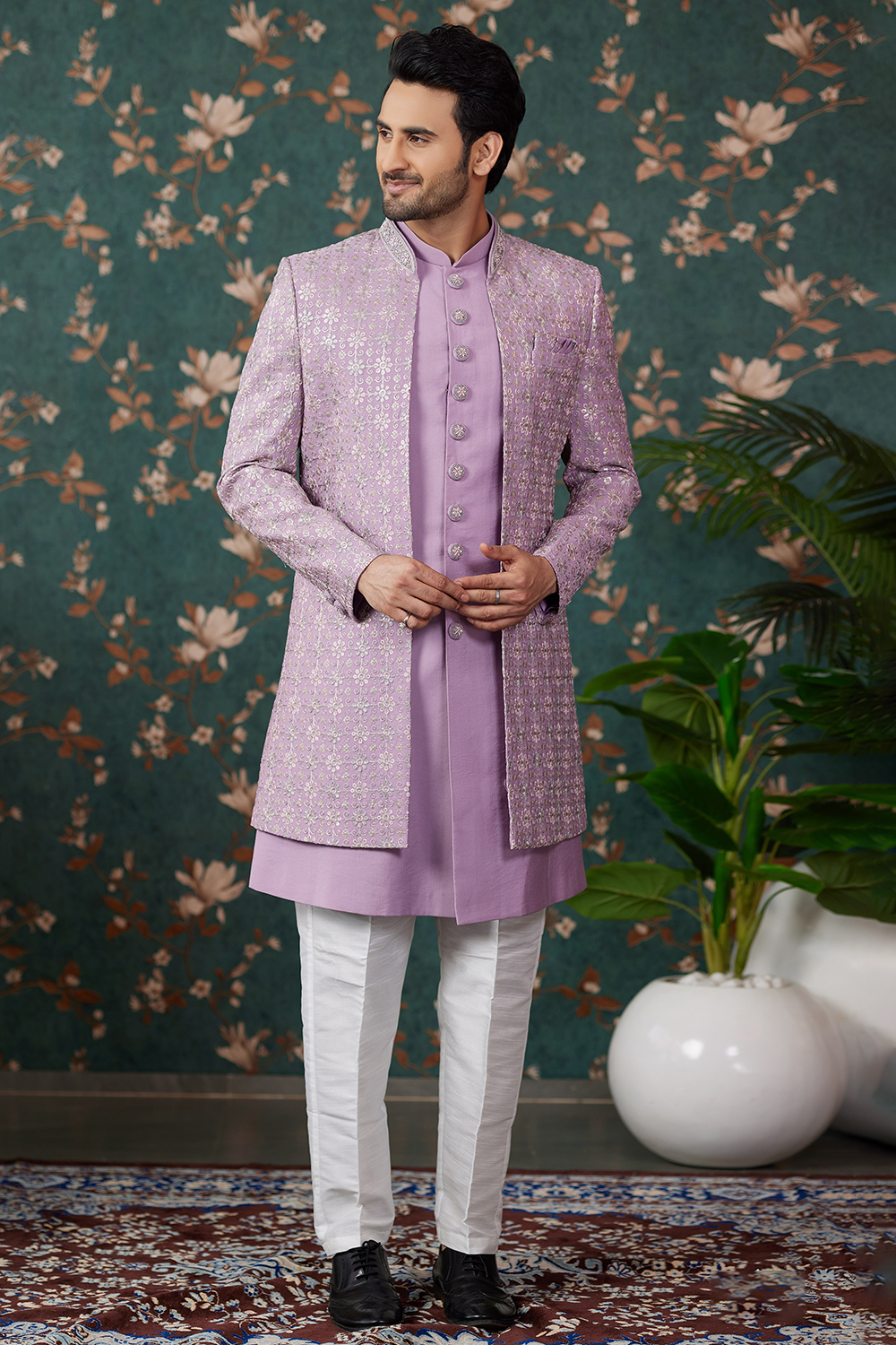 Lavender Purple Silk Blend Embroidered Jacket Style Men's Sherwani
