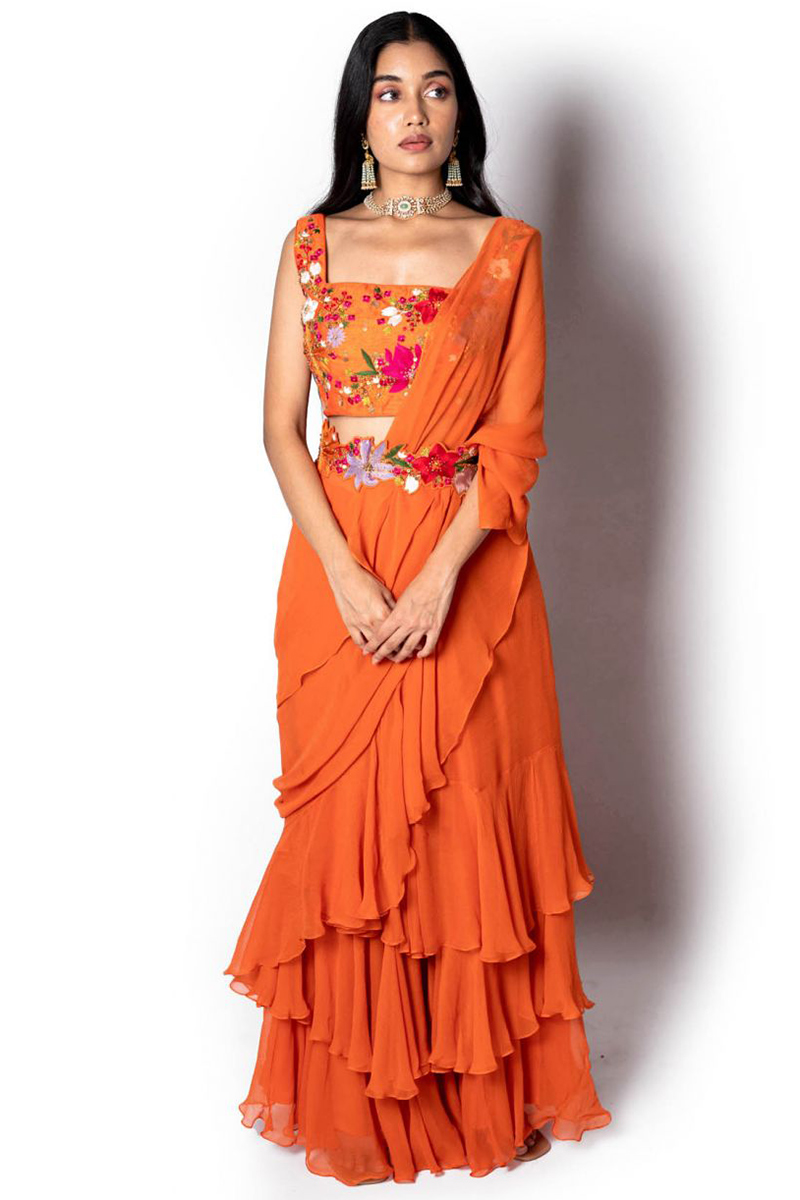 sachin and babi light blue dress Andaaz Fashion Women's Layered Style Chiffon Orange Indo Western Pre Drape Saree