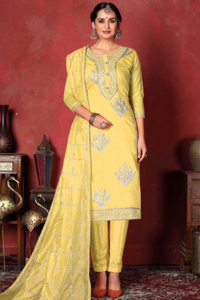 Buy Lemon Yellow Cotton Straight Pant Suit with Gota Patti Work Online LSTV04489 Andaaz Fashion