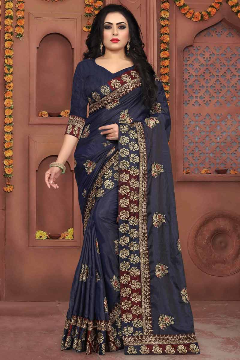 Navy blue saree with golden blouse online