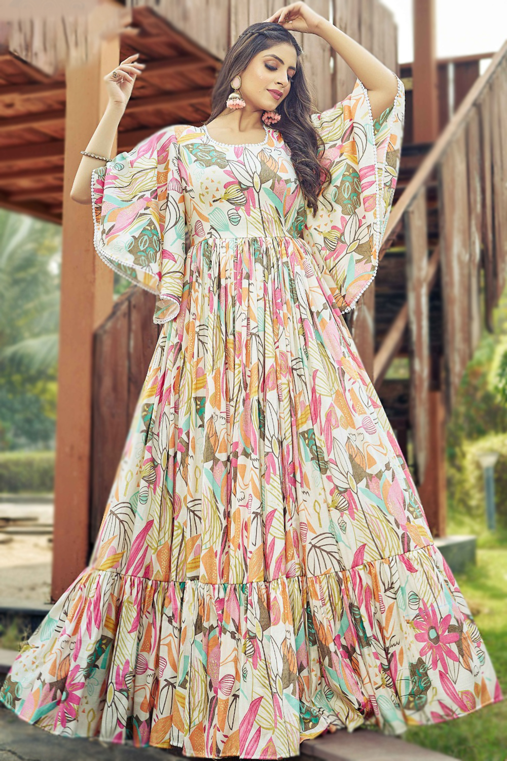 Andaaz Fashion Women's Light Beige Cotton Anarkali Gown with Printed Work for Casual Wear Andaaz Fashion Women's Light Beige Cotton Anarkali Gown with Printed Work for Casual Wear