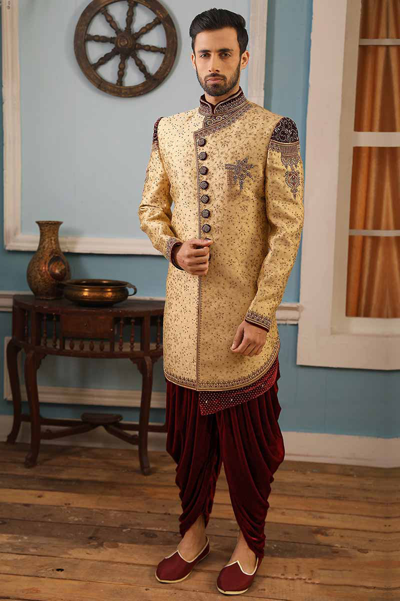 Buy Ivory Sherwani with Peach Thread Work and Mirror Work Paired with Ivory  Raw Silk Pants by Designer SAWAN GANDHI MEN Online at Ogaan.com