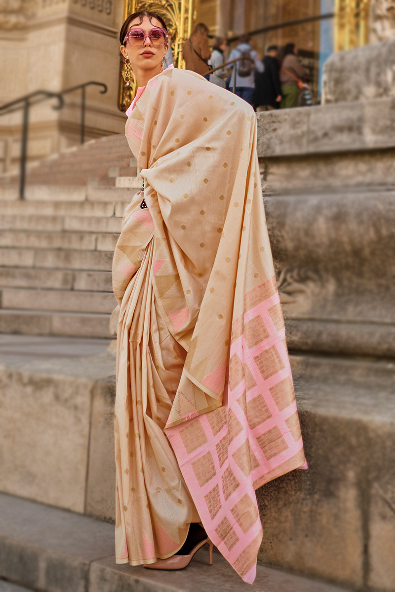 Light Beige Khadi Silk Woven Zari Light Weight Saree