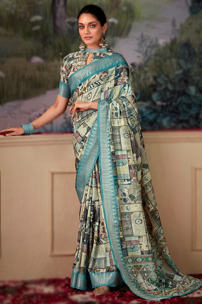 Light Beige Tussar Silk Printed Light Weight Saree SARV178509