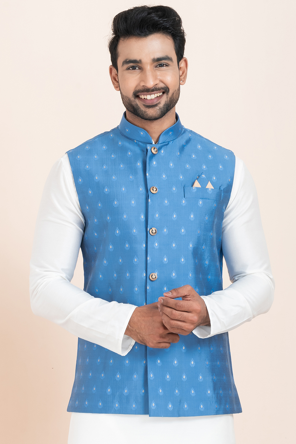 Light Blue Cotton Silk Weaved Waistcoat For Men MWCV0499