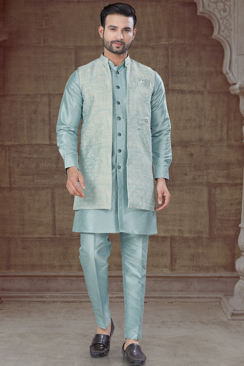 Light Blue Dupion Silk Jacket Style Men's Sherwani Pajama MSTV04692