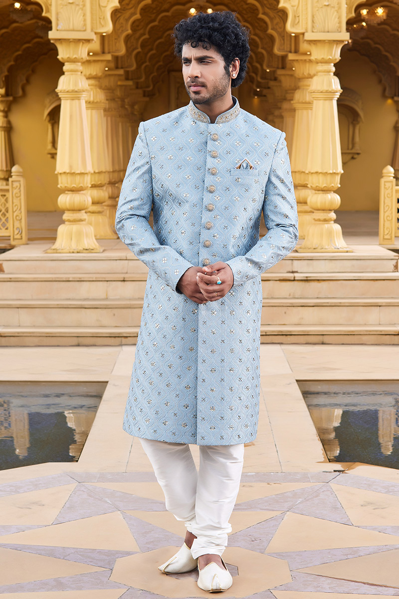 Light Blue Embroidered Silk Men's Sherwani For Sangeet MSTV03209
