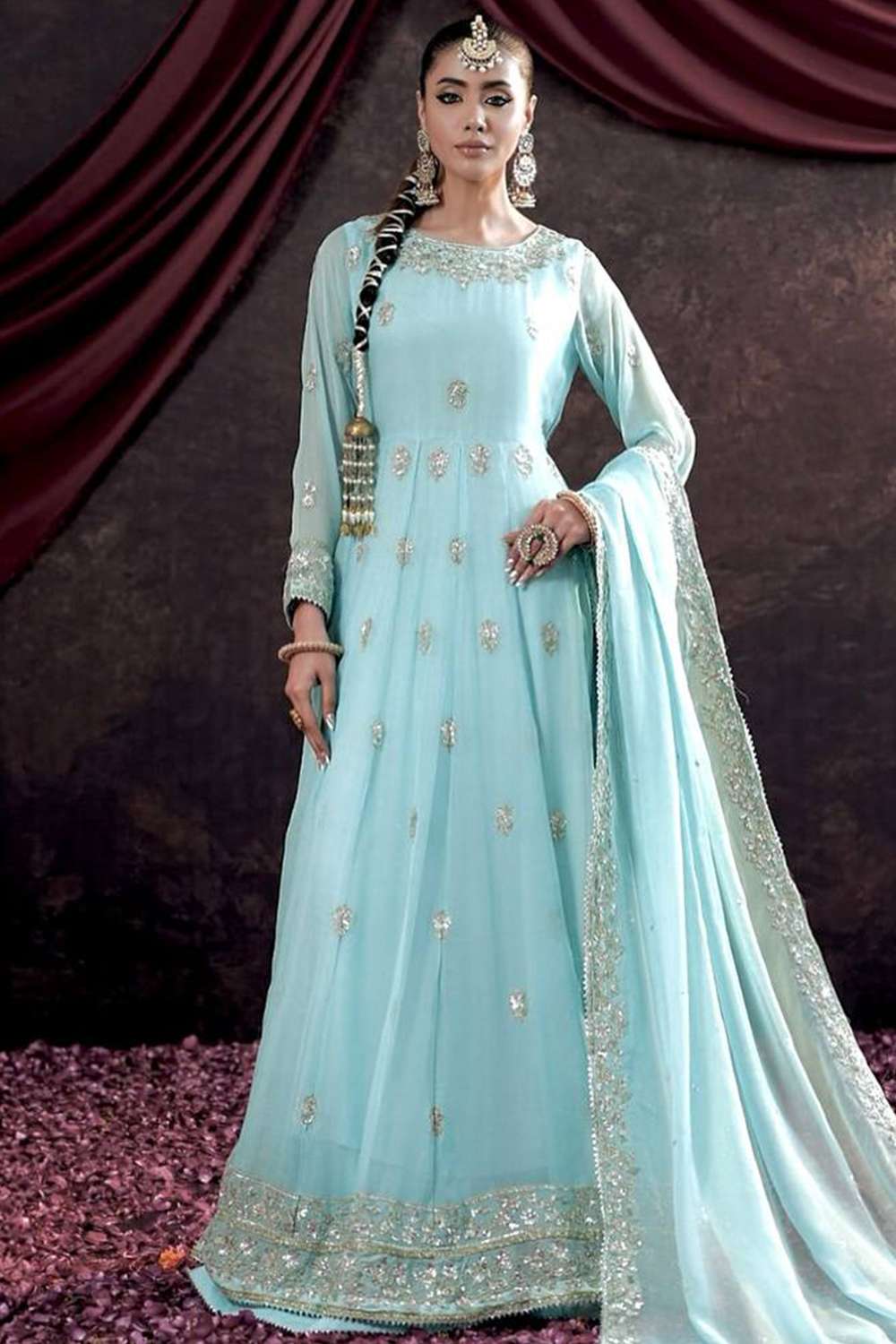 Light Blue Georgette A Line Bridal Anarkali Salwar Suit With Sequins Work