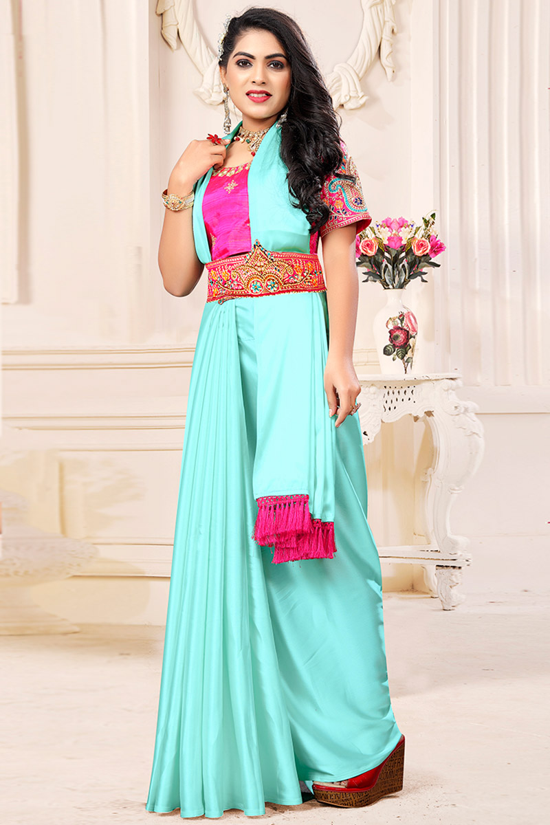 Clothing Fashion Light Blue Satin Plain Saree SARV123380