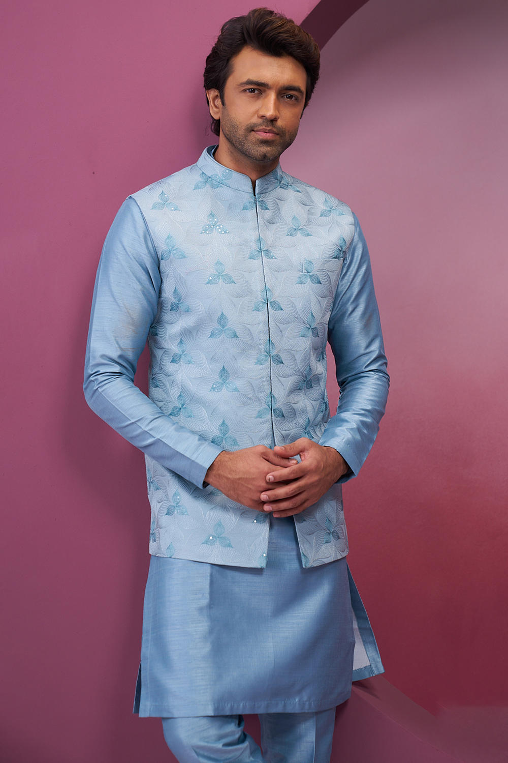 Light blue kurta pajama with jacket deals