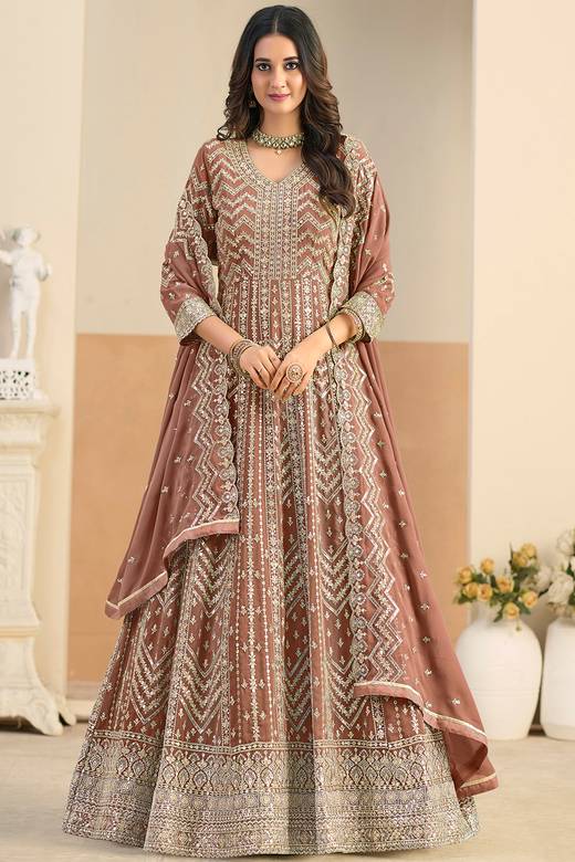 Buy Anarkali Style Brown Indian Plus Size Dresses Online for Women in USA