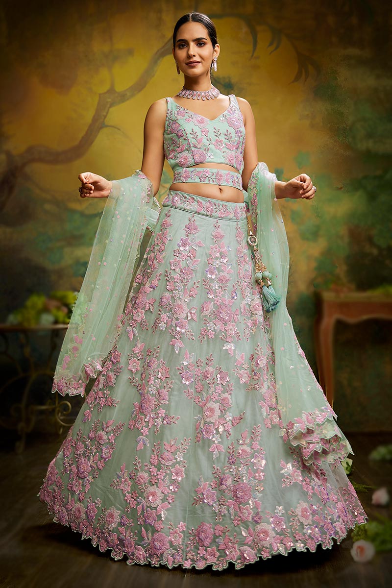 slim fit dress slacks Girls Hot Pink Lehenga with Sage Green Choli & Net Dupatta I Indian Dress –  Mitthu Kids Ethnic Wear main image 1