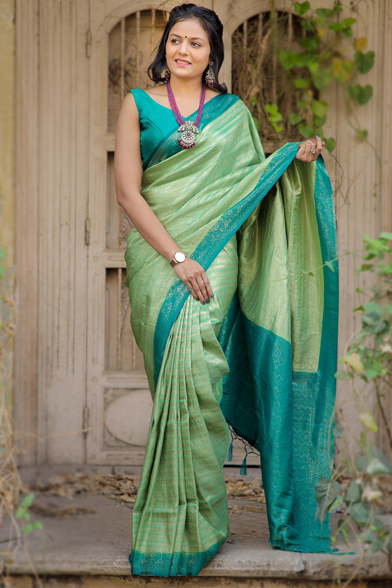 Light Green Weaved Silk Broad Border Saree