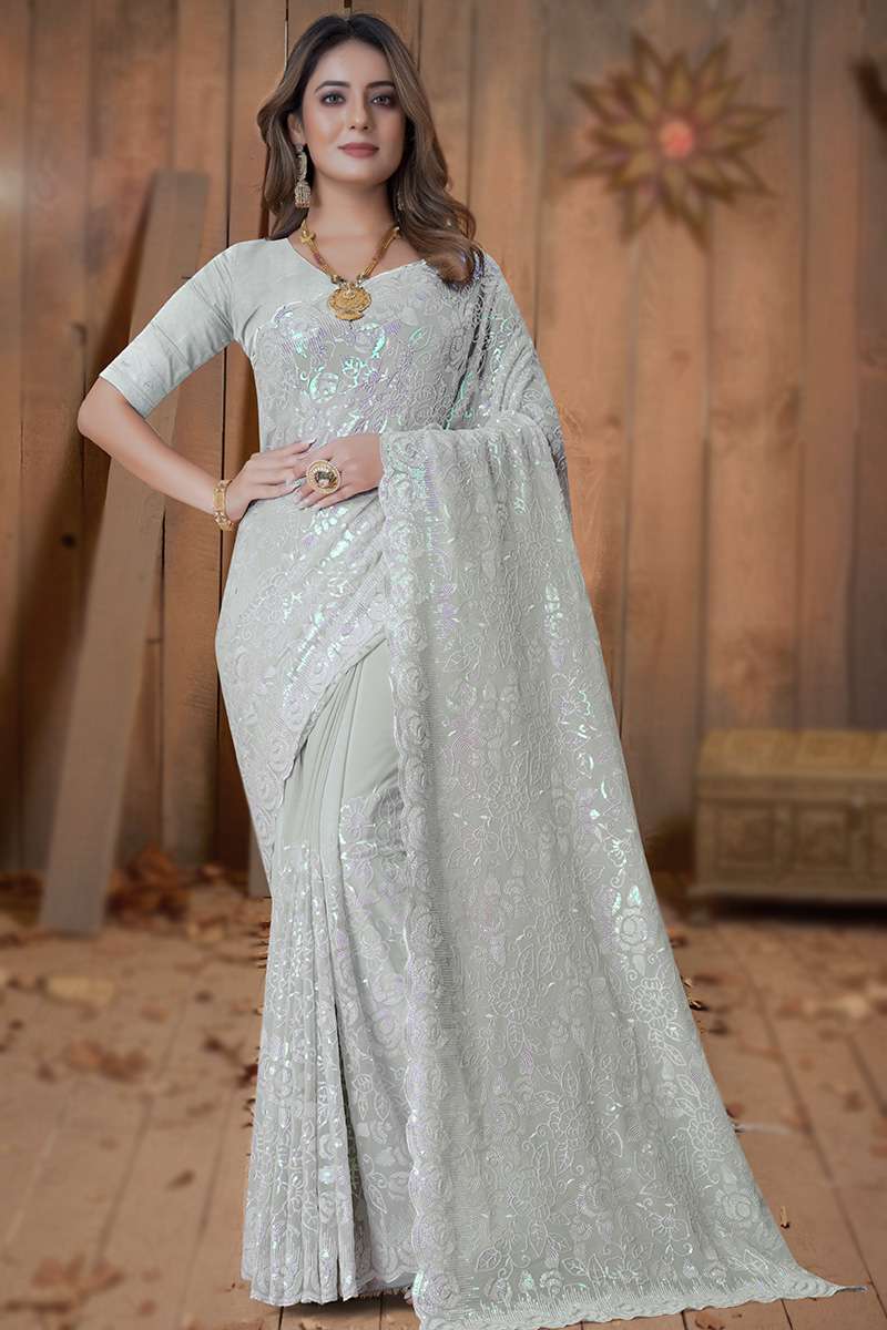 Light Grey Heavy Sequins Embroidered Saree In Georgette 