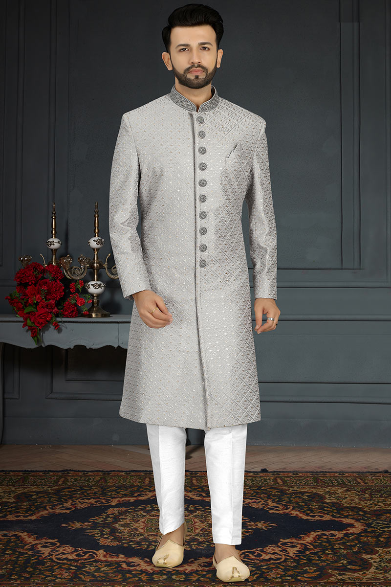 Festival Attire Thread And Sequins Work Embroidered Light Grey Men Sherwani MSTV01002