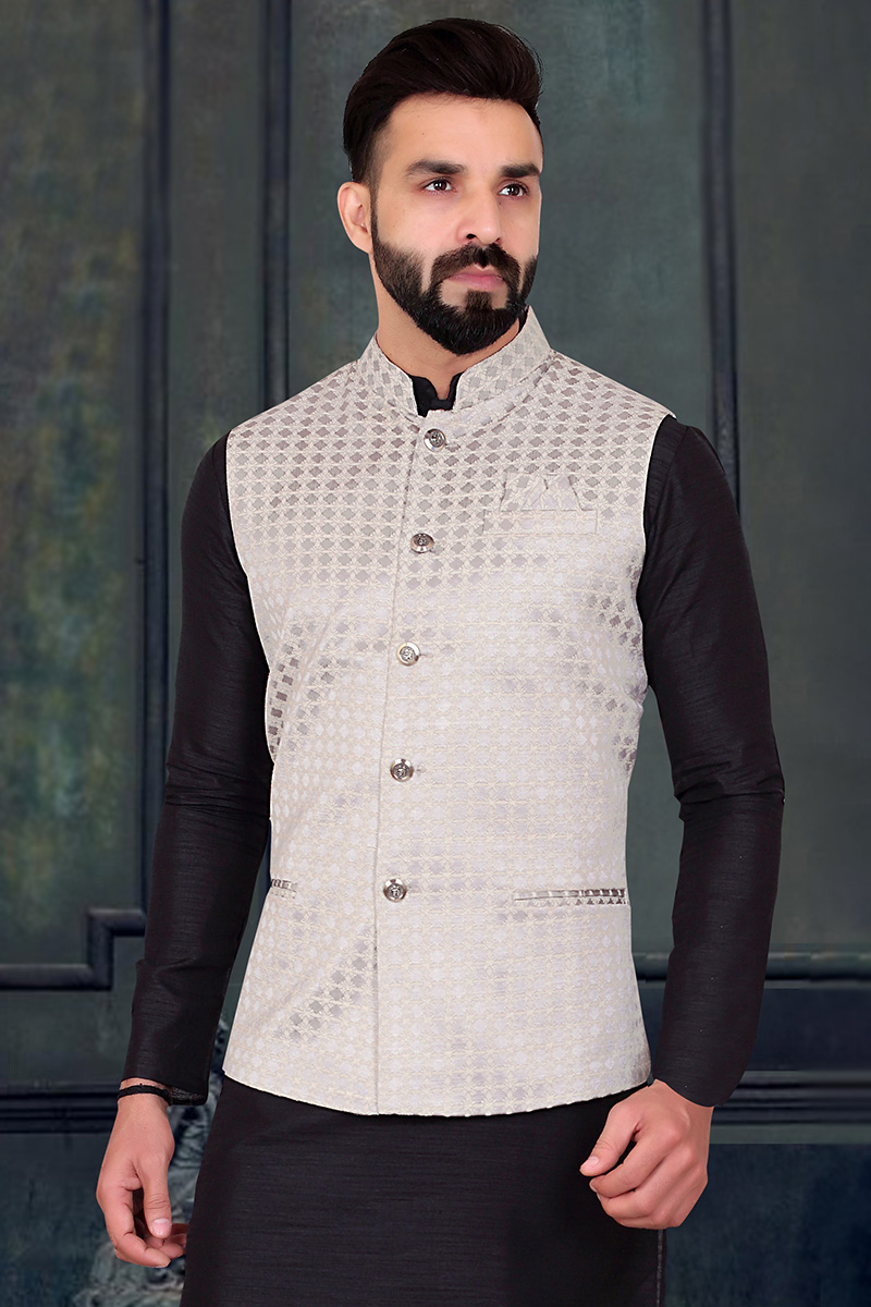 Looking for Latest Woven Jacquard Light Grey Men s Waist Coat MWCV0121