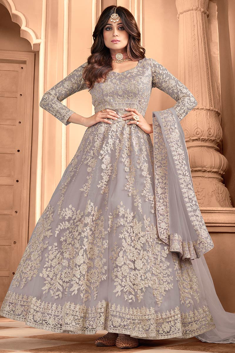 Buy Suits For Prom Net Light Grey Anarkali Suit LSTV110806