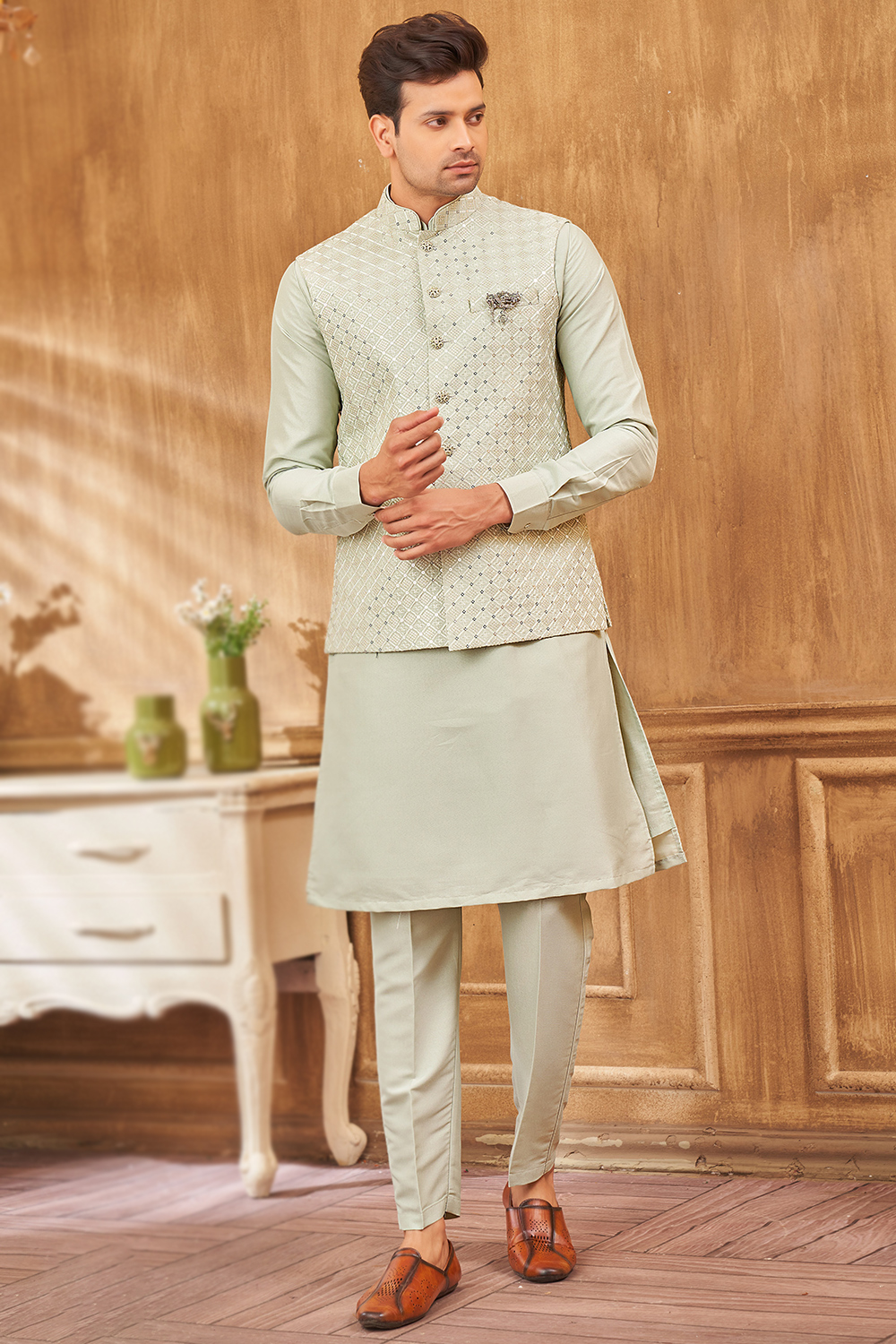 Light Moss Green Silk Men's Kurta Pajama With Weaved Jacket MKPA08009
