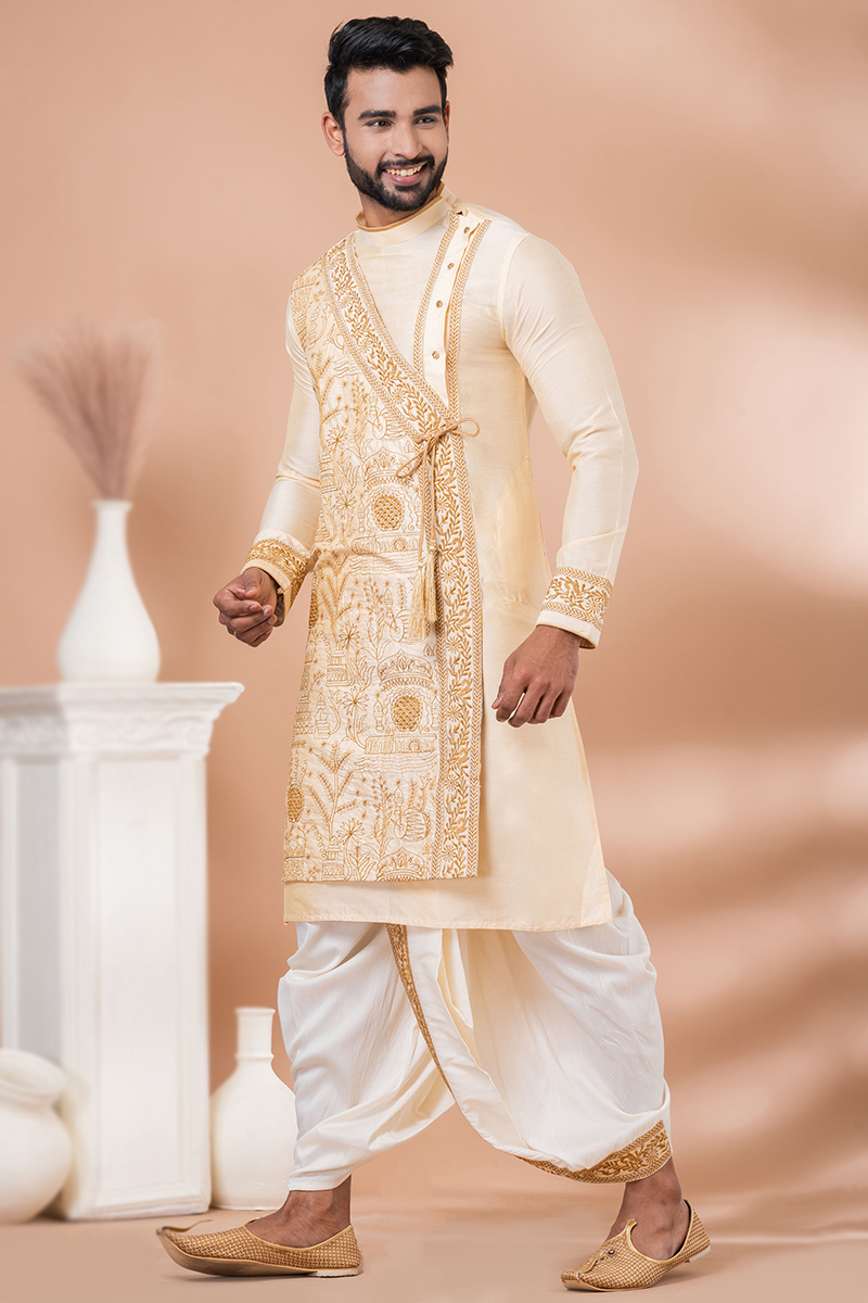 Light Peach Cotton Silk Embroidered Men's Kurta With Dhoti MKPA07561
