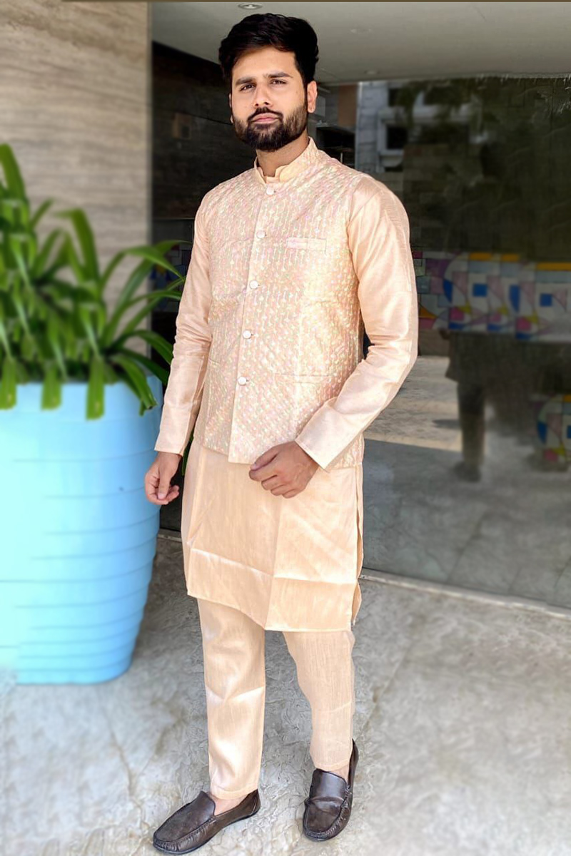 Light Peach Dupion Silk Plain Jacket Style Men's Kurta Pajama