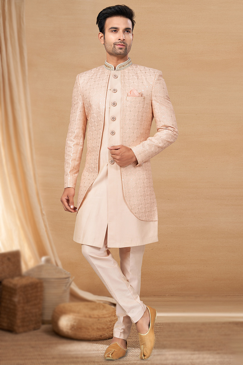 Light Peach Embroidered Silk Men's Jacket Style Sherwani MSTV02942