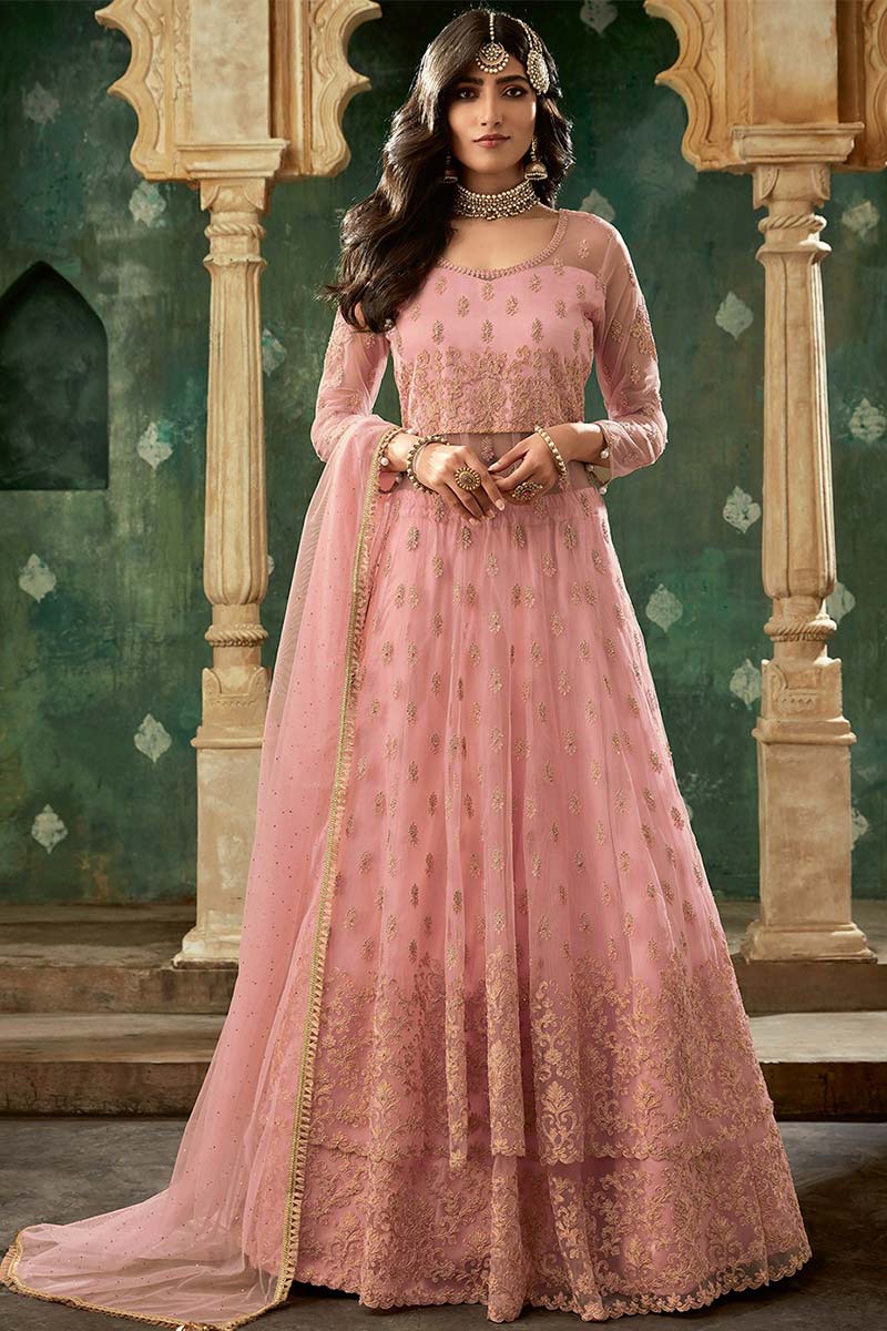 Buy Light Pink Embroidered Net Anarkali With Lehenga Online - LSTV04322 |  Andaaz Fashion