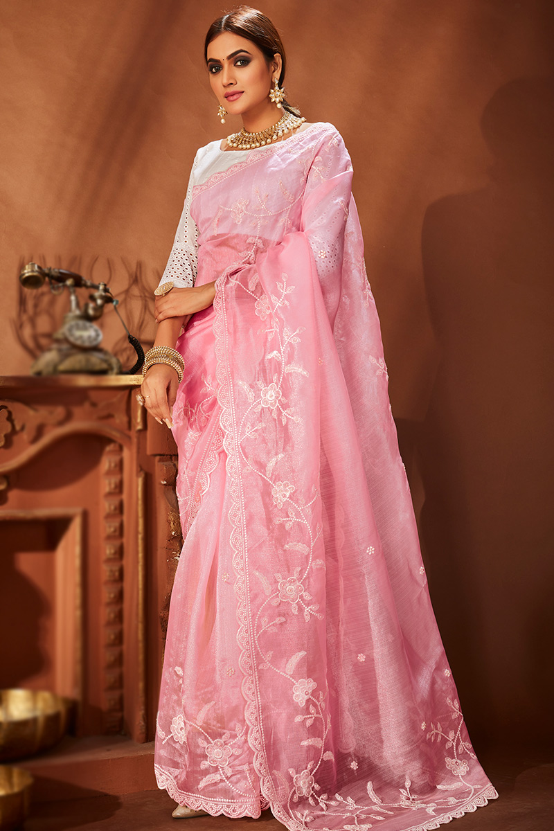 Buy Light Pink Organza Saree with Resham embroidery SARV163360