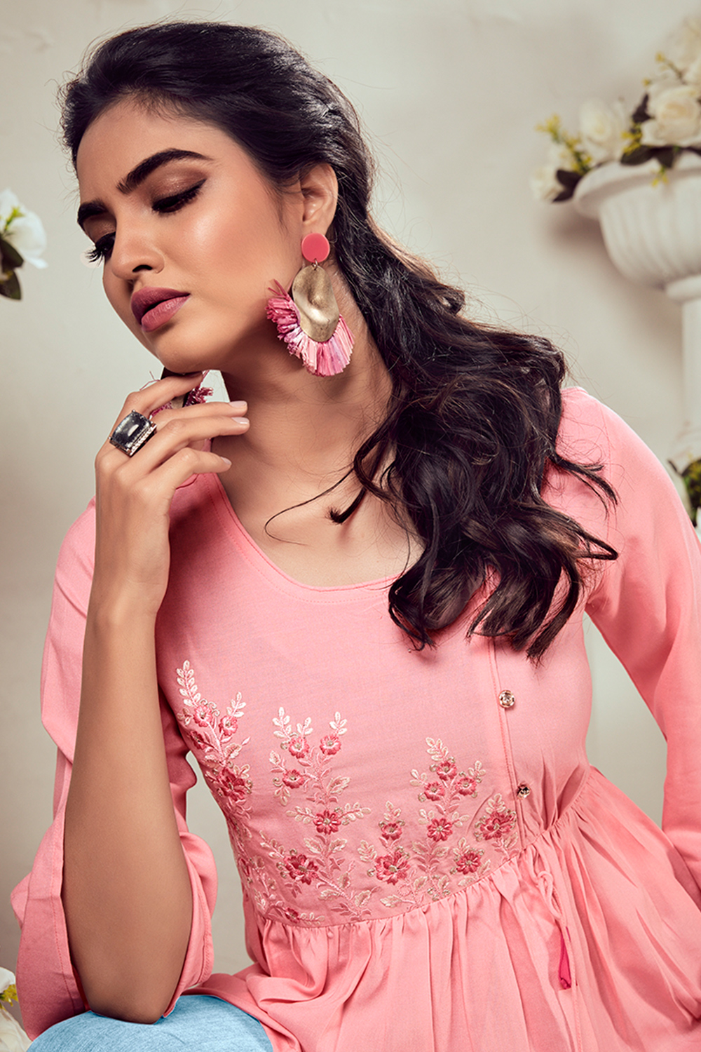 Light Pink Rayon Embroidered Frock Style Short Kurti LKV004180