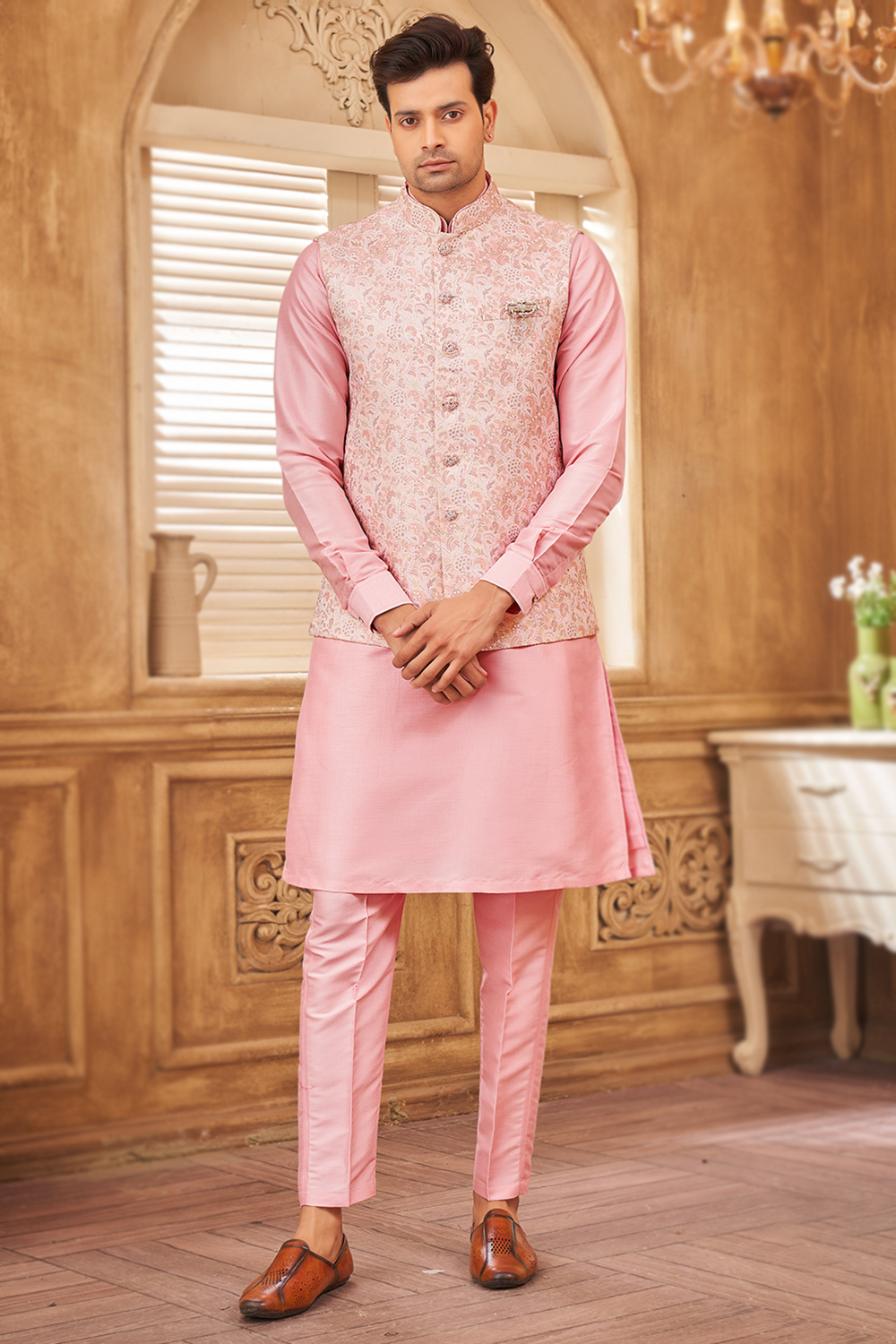 Light Pink Silk Men's Plain Kurta Pajama With Weaved Jacket MKPA07999