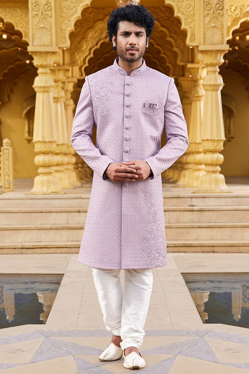 Light Purple Resham Thread Embroidered Silk Men's Sherwani MSTV03207