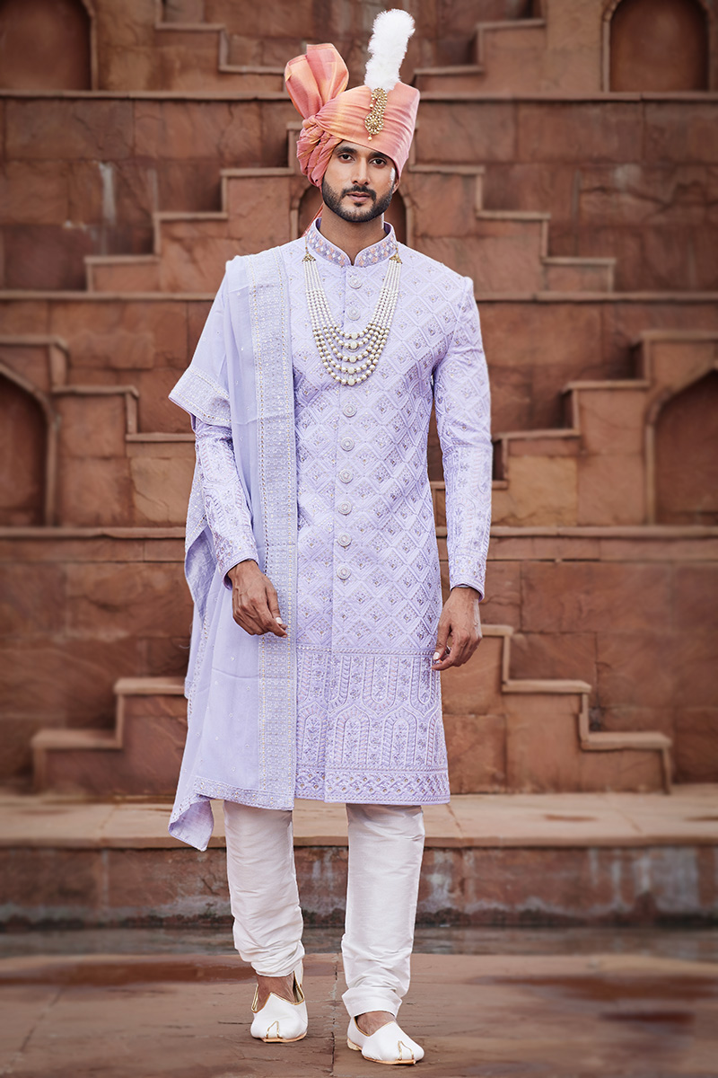 Light Purple Sequins Embroidered Silk Men's Sherwani For