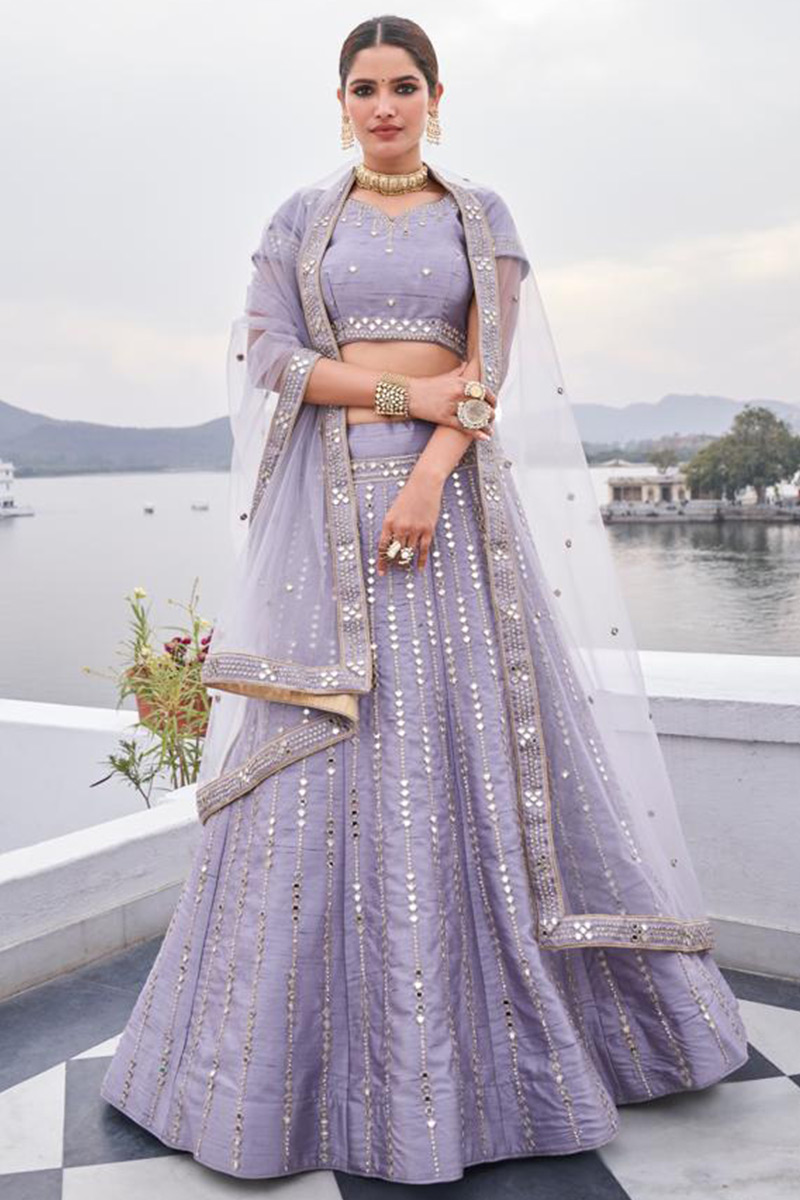 Light Purple Silk Lehenga With Mirror Work