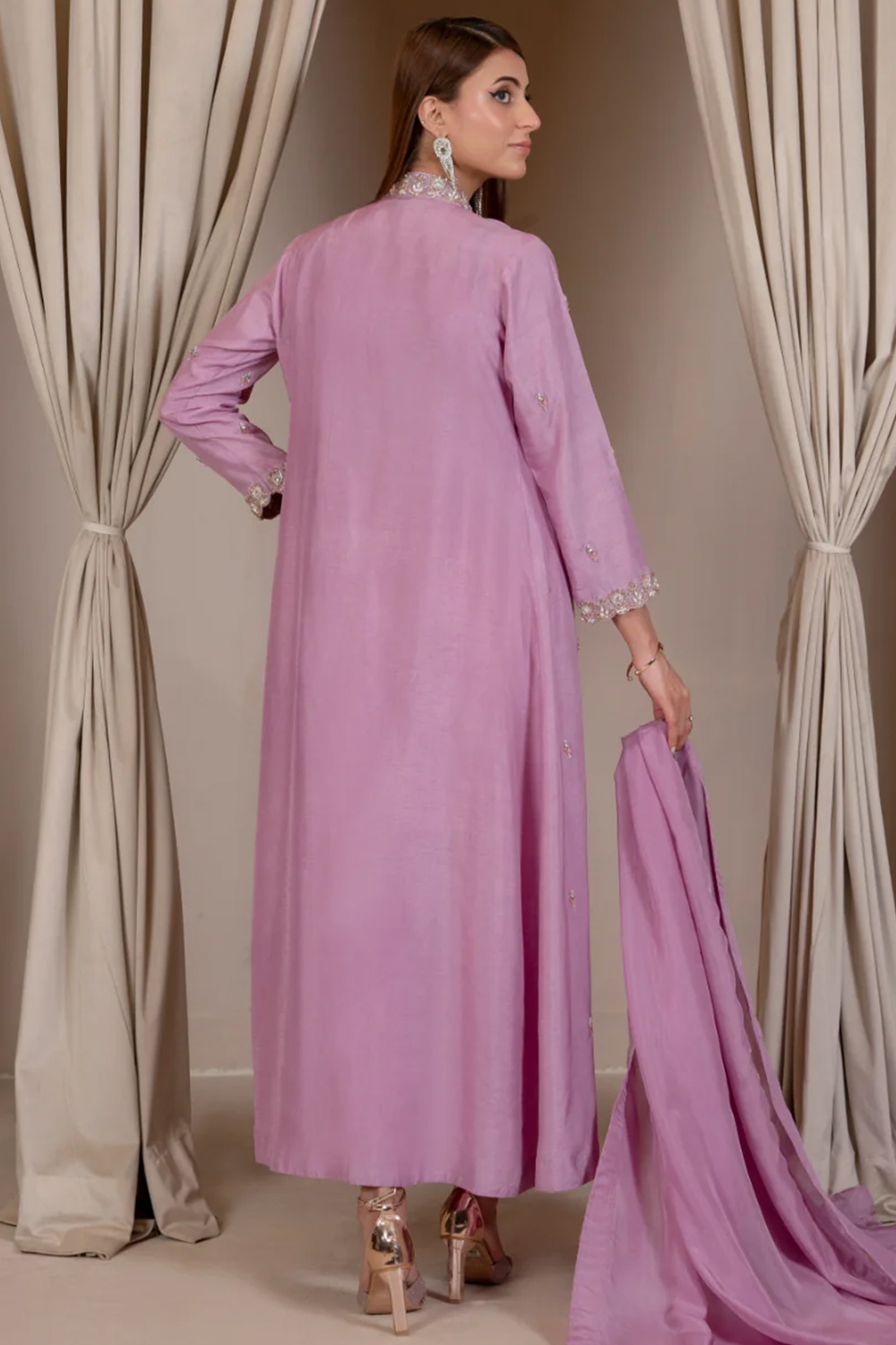 dark purple crepe gold zari embroidered indo western set
