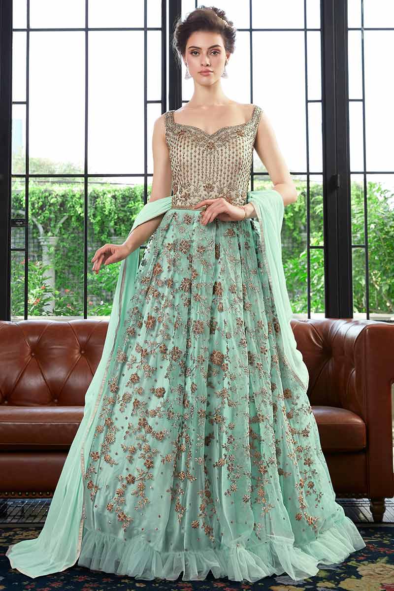 Buy Light Sea Green Net Zari Embroidered Anarkali Suit Online - LSTV03251 |  Andaaz Fashion