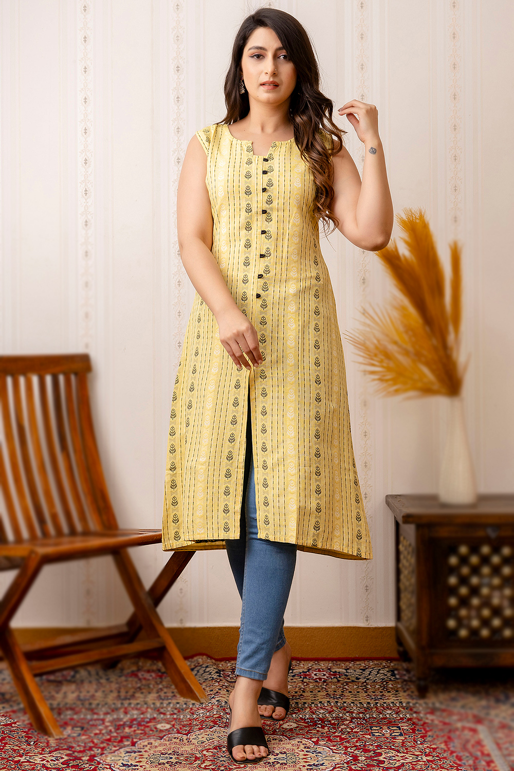 Light Yellow Cotton Front Slit Casual Wear Kurti LKV003803
