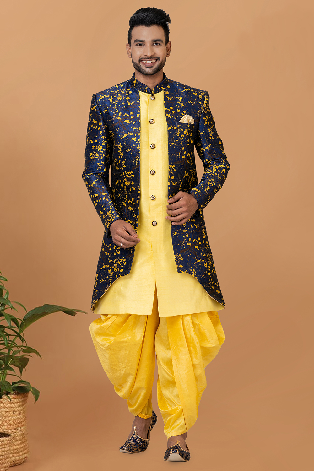 Light Yellow Dupion Silk Weaved Jacket Style Men's Sherwani With