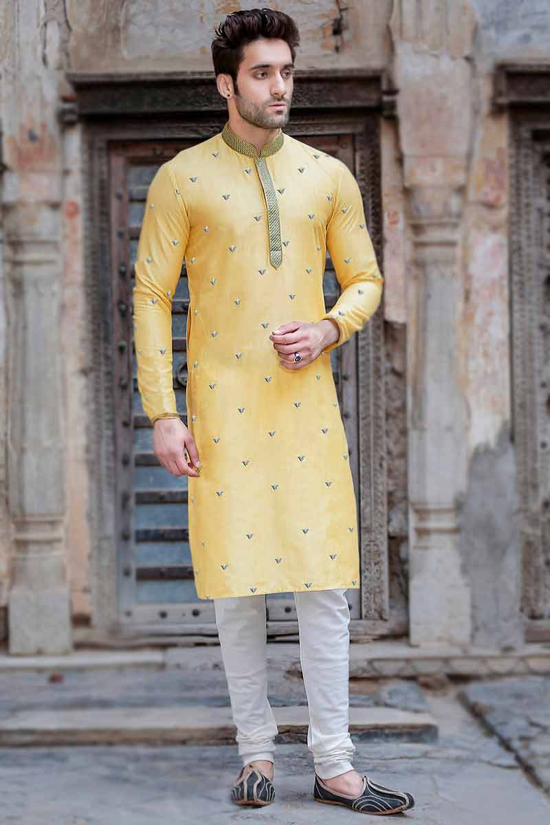 Kaka Menswear Ombre Shaded Kurta And Pyjama Pant Set, Yellow, Mirror,  Kurta, Mandarin Collar, Full in 2023