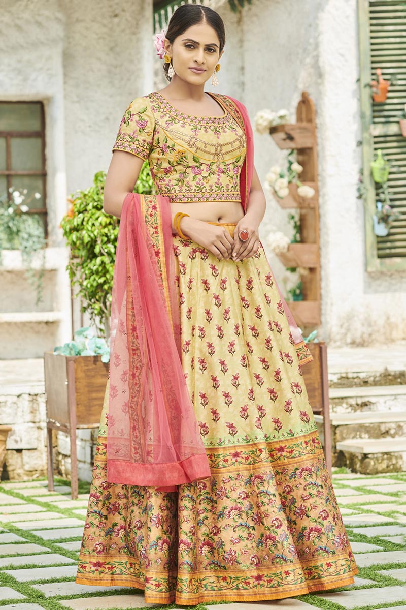 Buy Silk Light Yellow Lehenga LLCV08060