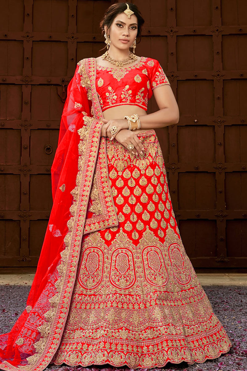 Red silk lehenga choli deals