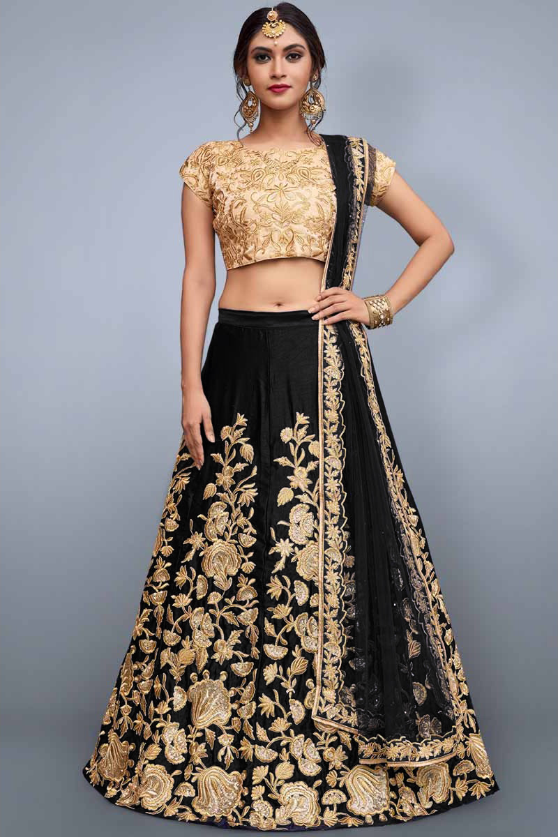 Black Silk Lehenga with Silk Choli and Net Dupatta