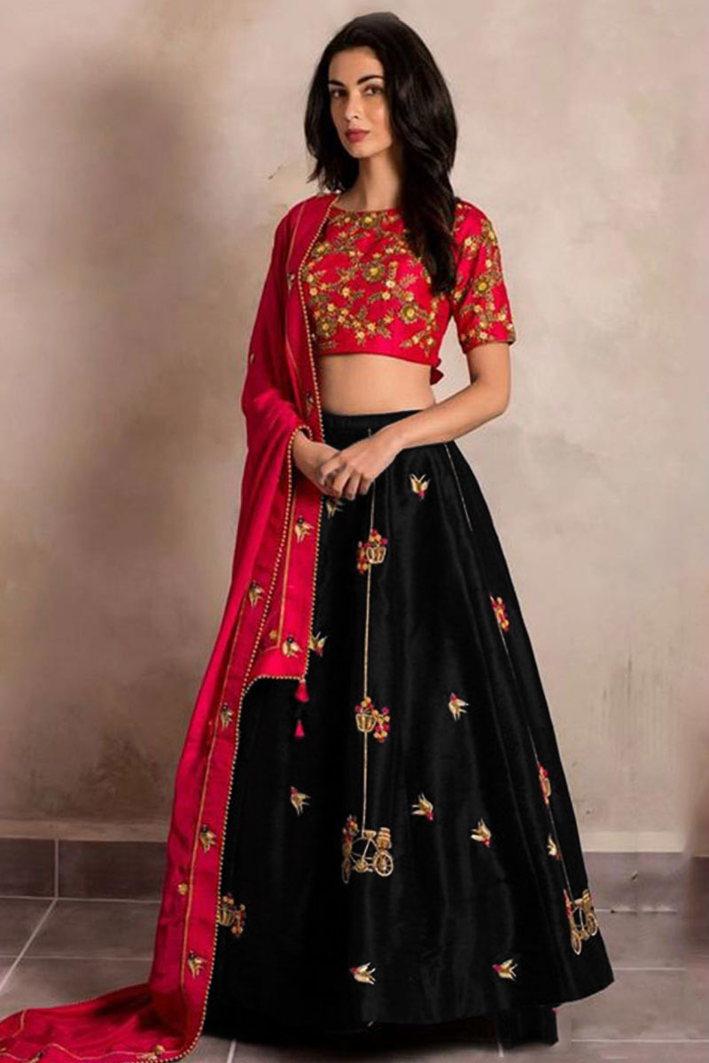 Black Silk Lehenga With Banglori Silk Choli
