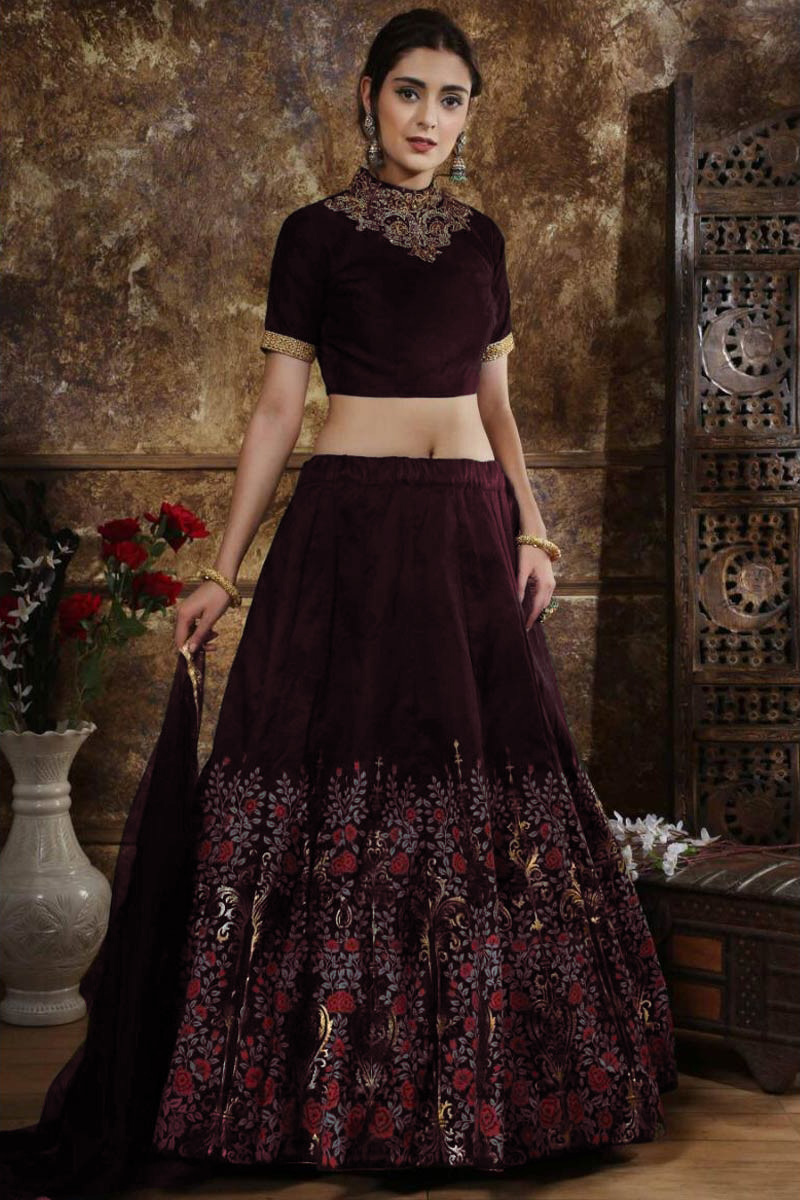 Maroon silk lehenga choli sales