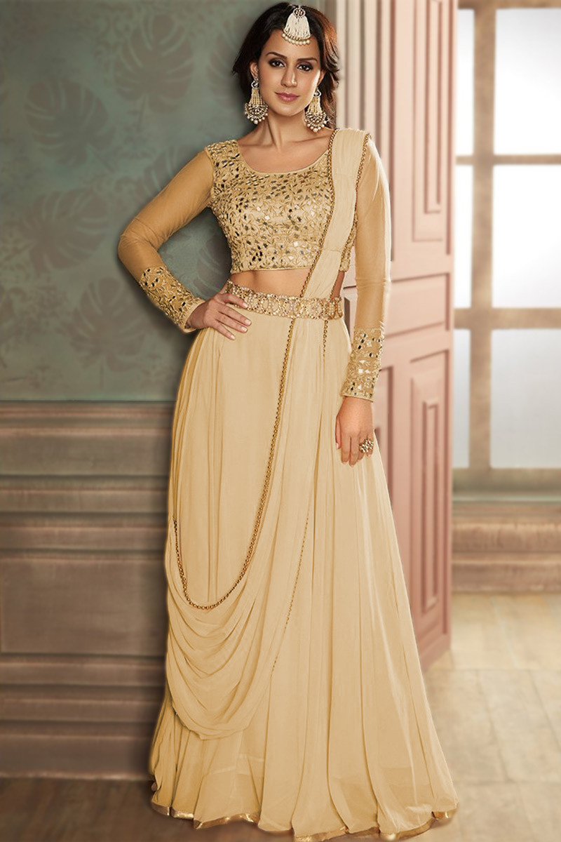 Andaaz Fashion Women's Plain Georgette Dark Beige Wedding Wear Lehenga