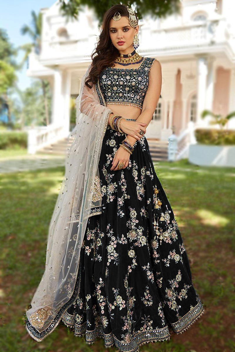 Black Velvet Embroidered Wedding Lehenga