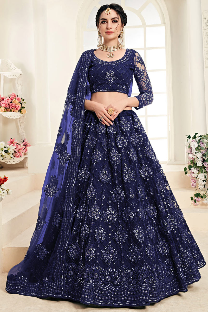 Buy Suits for Prom Navy Blue Green Lehenga LLCV111167