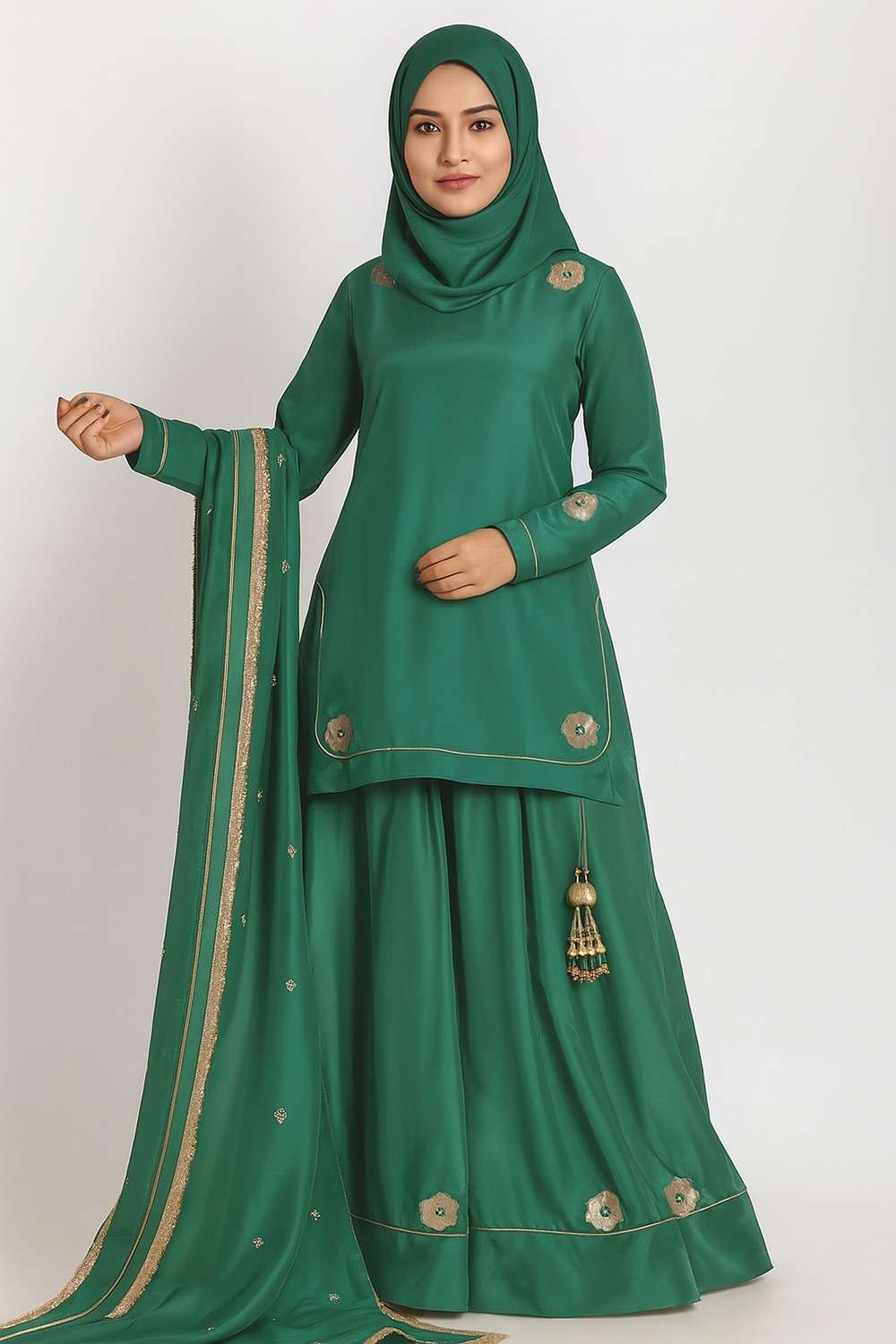 Andaaz Fashion Women's Bottle Green Soft Silk Embroidered Long Choli Lehenga with Hijab