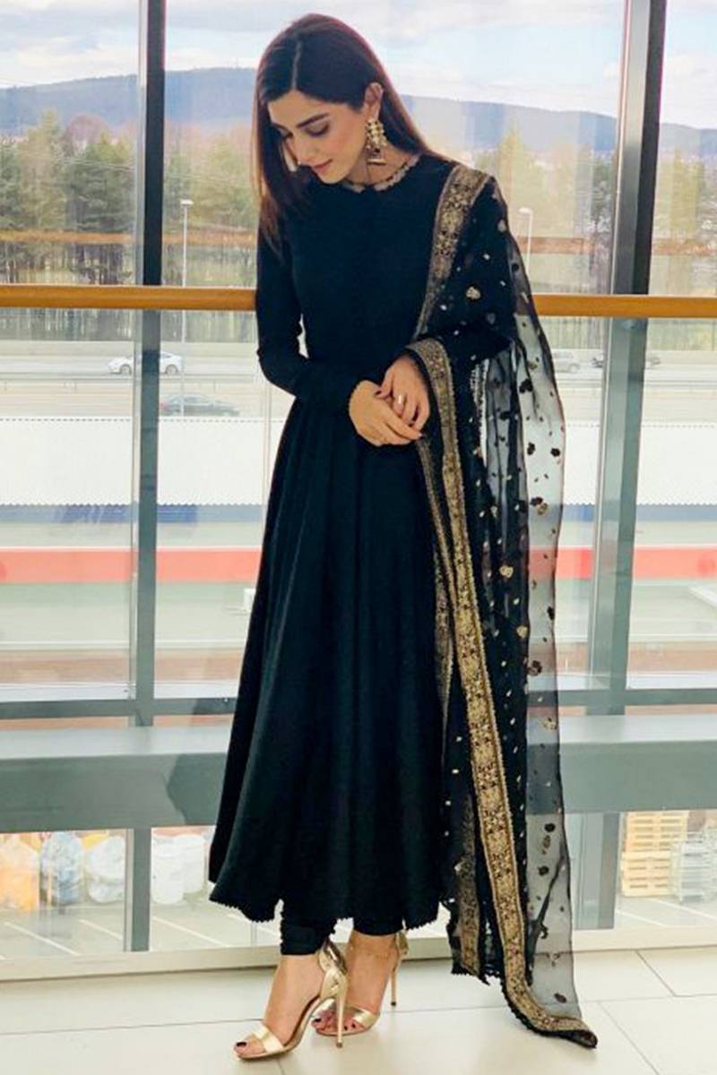 Maya Ali Black Georgette Anarkali Suit With Zari Work for Diwali Party