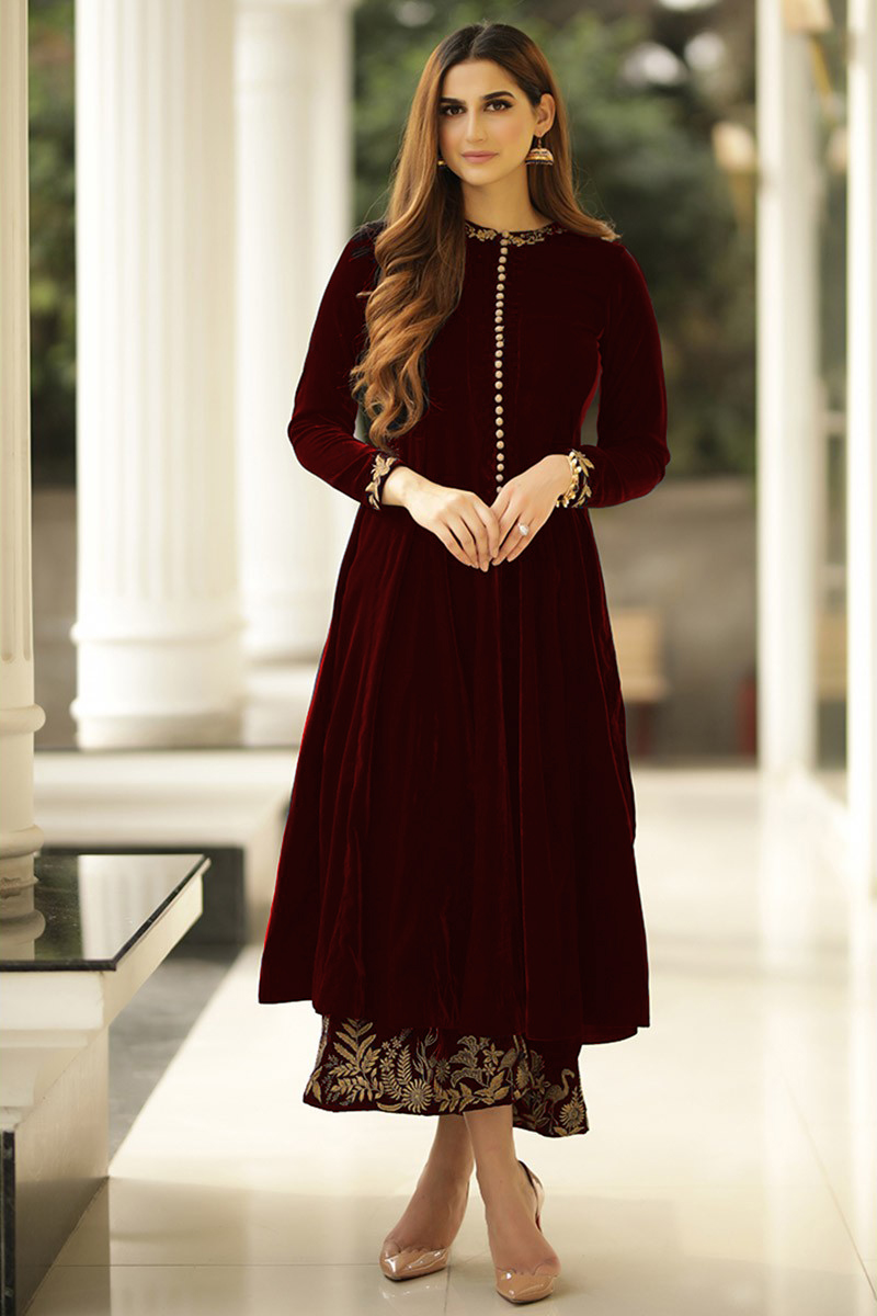 Andaaz Fashion Women's Festival Special Embroidered Velvet Anarkali Suit In Deep Red Colour