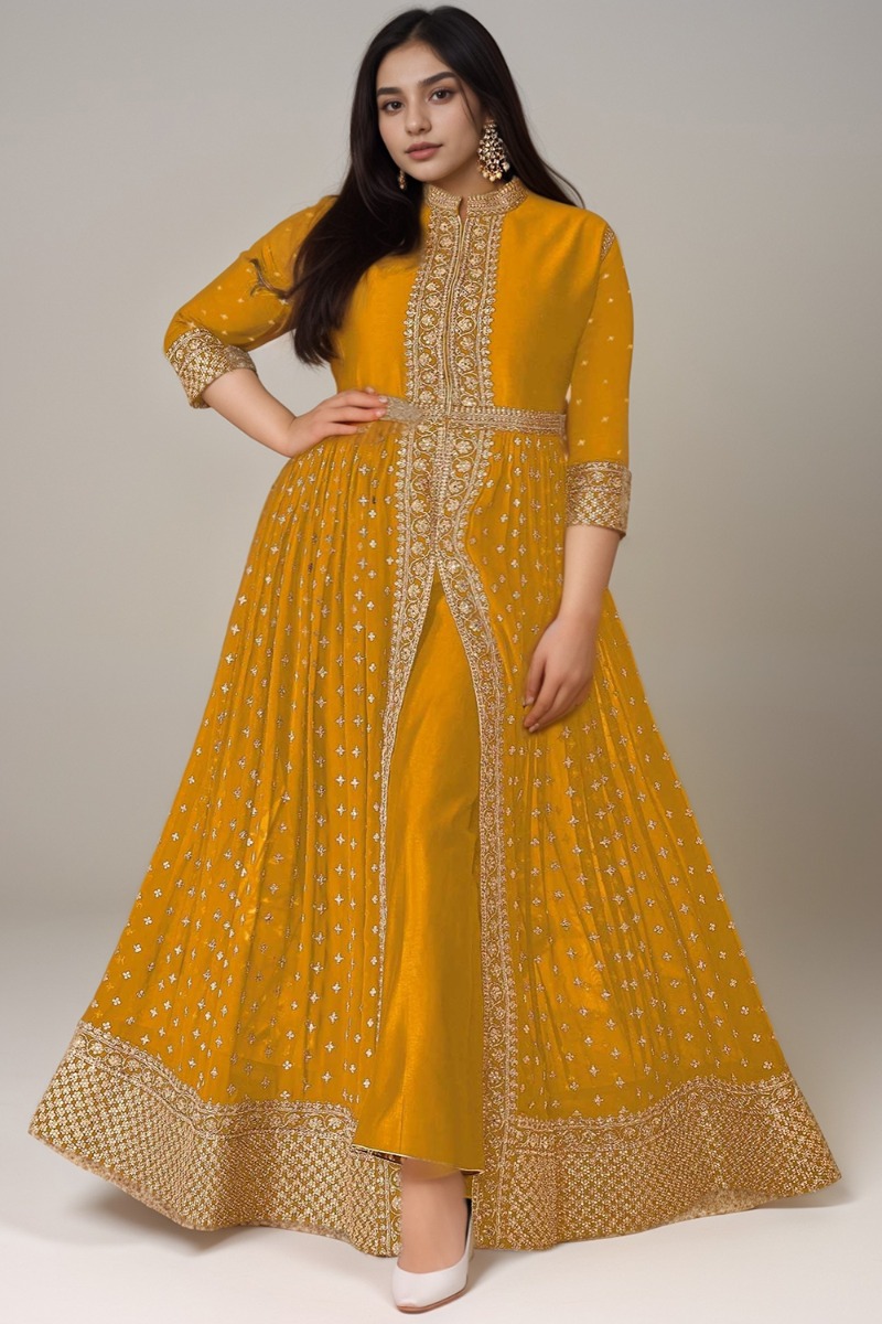 Buy Mustard Yellow Plus Size Georgette Long Anarkali Suit Online