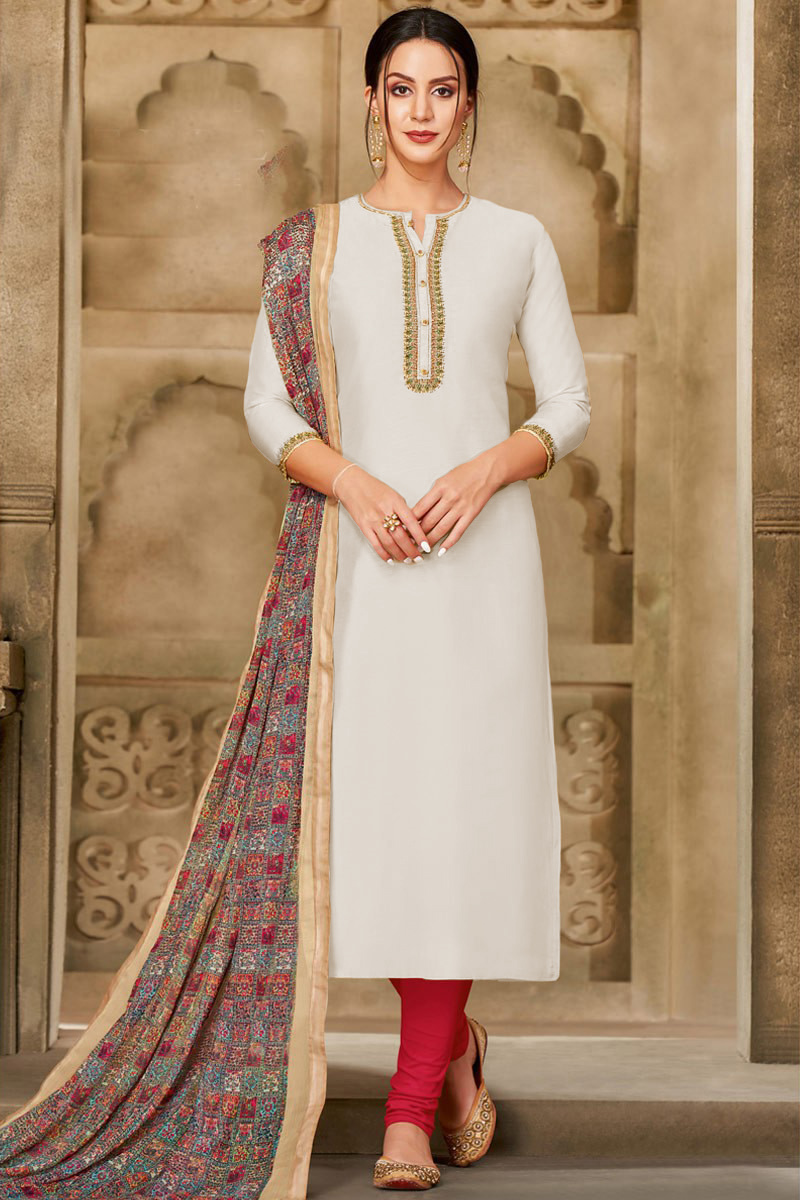 Zari Embroidered White Churidar Suit LSTV08719